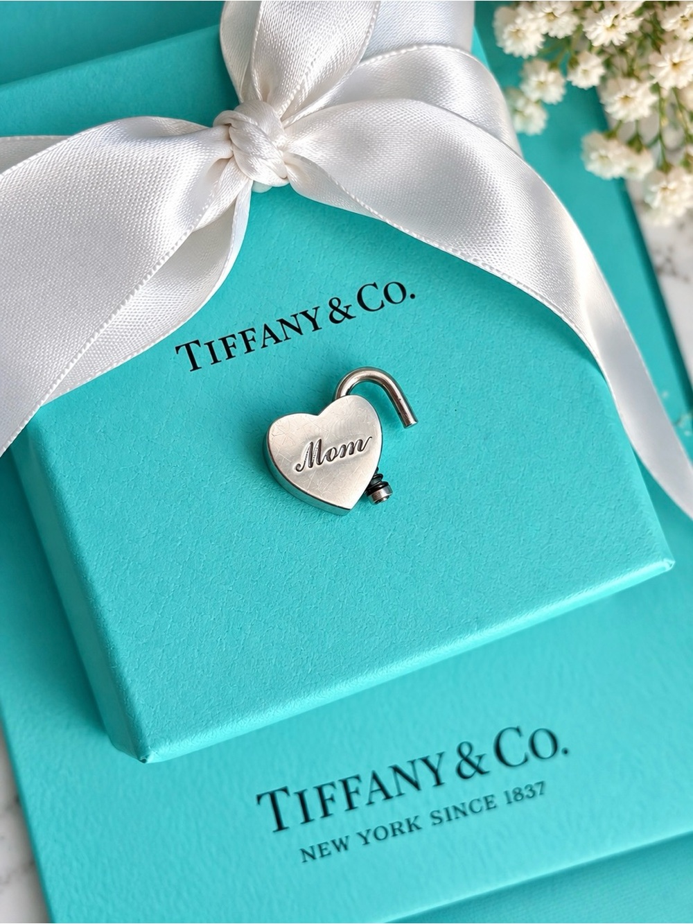 Authentic Tiffany & Co. Opening Heart Lock Charm with 'Mom' Engraving